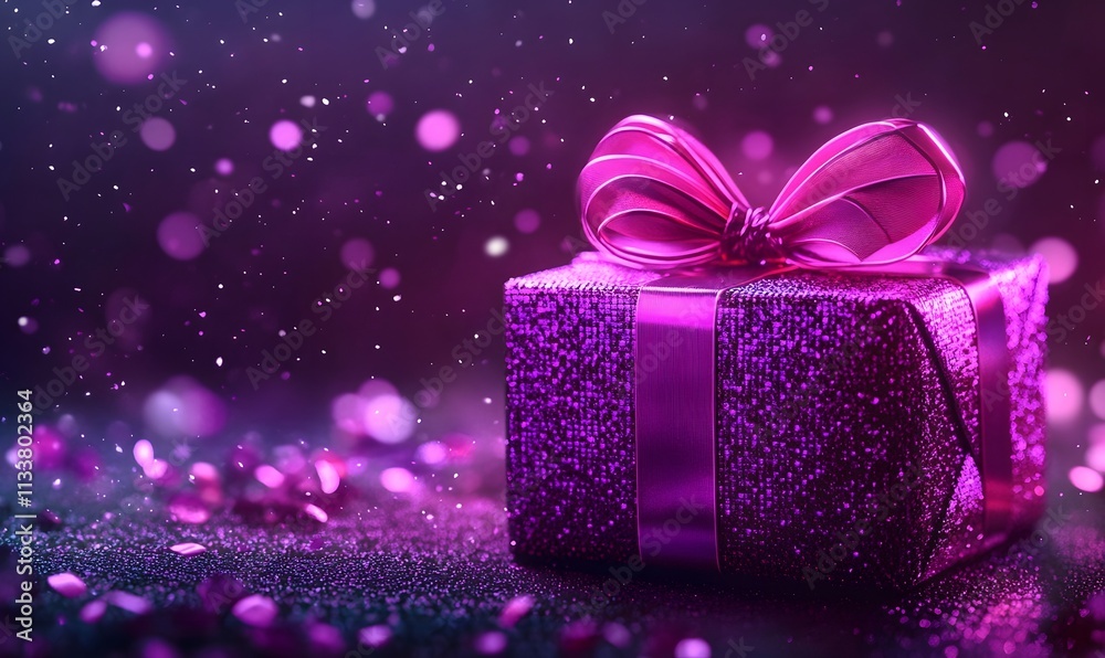 Glittery purple gift box with ribbon and bokeh effect.