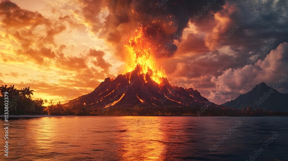 Volcanic Eruption at Sunset Tropical Island Paradise