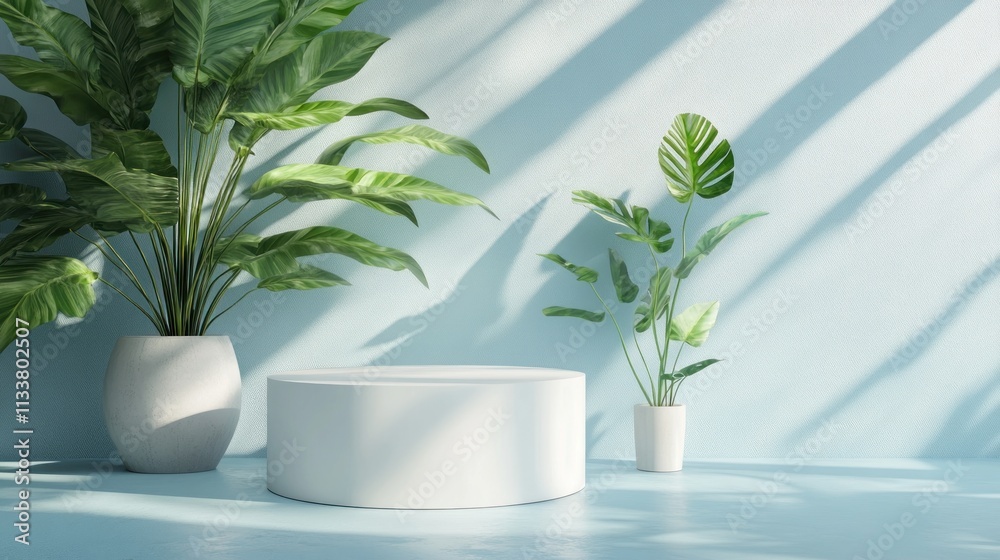 White Cylinder Display Stand with Tropical Plants White Cylinder Display Stand with Tropical Plants