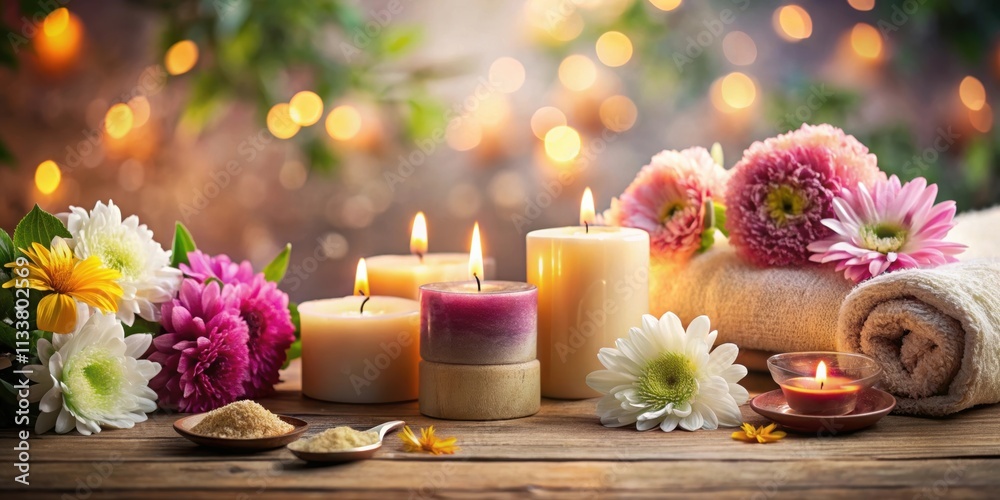 A serene spa setting with fragrant candles, soft lighting, and colorful flowers, spa, relaxation, candles, wellness A serene spa setting with fragrant candles, soft lighting, and colorful flowers, spa, relaxation, candles, wellness