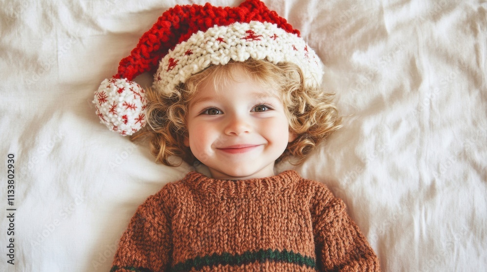 Child in warm sweater lies in bed, grinning happily while holding a Christmas gift, surrounded by holiday cheer on a winter morning Child in warm sweater lies in bed, grinning happily while holding a Christmas gift, surrounded by holiday cheer on a winter morning
