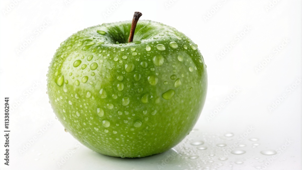 Fresh green apple with water droplets on white background Fresh green apple with water droplets on white background