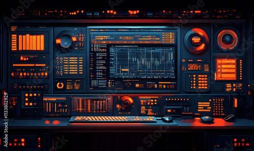 A futuristic control panel with glowing displays and controls for data analysis.