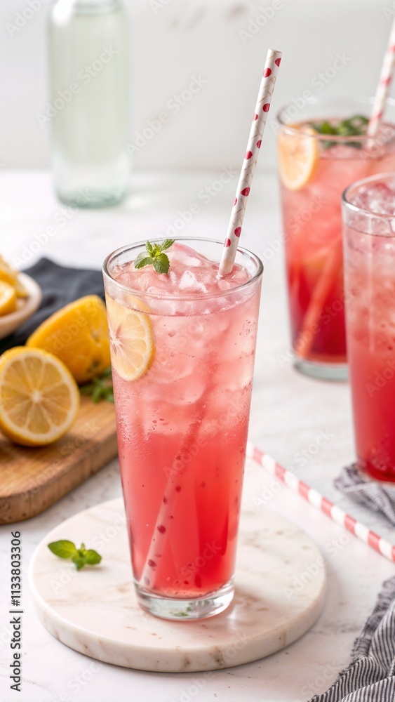 Refreshing berry lemonade with mint and lemon slices in tall glass Refreshing berry lemonade with mint and lemon slices in tall glass