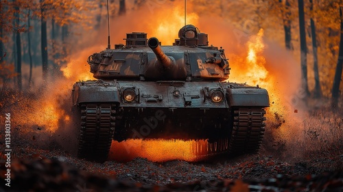 Dramatic Scene of a Tank in Explosive Action Amidst Autumn Forest
