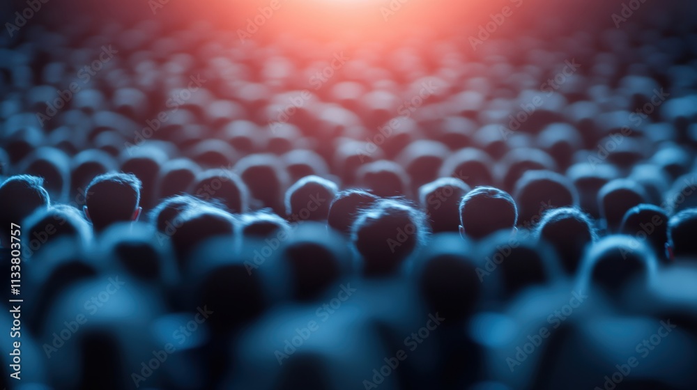Obraz premium A large audience captured under a dramatic blue light, with focus on the backs of people in a crowded event setting.