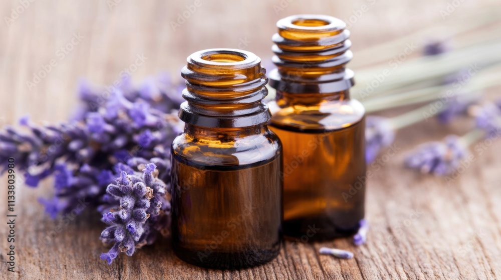 Two bottles of essential oils sit alongside dried lavender flowers, creating a soothing atmosphere for wellness and relaxation Two bottles of essential oils sit alongside dried lavender flowers, creating a soothing atmosphere for wellness and relaxation