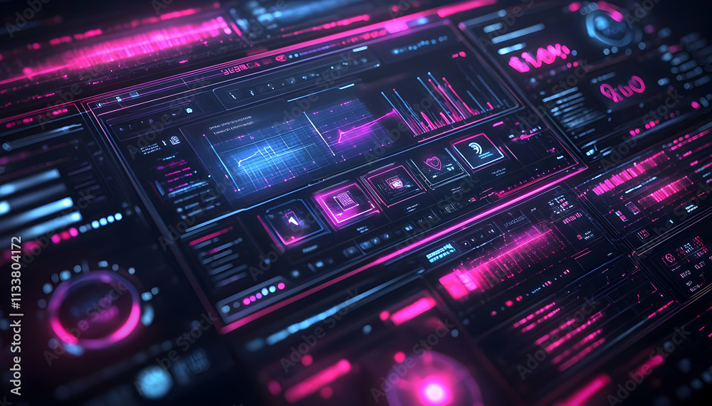 A futuristic digital interface featuring graphs, data visualizations, and neon colors. A futuristic digital interface featuring graphs, data visualizations, and neon colors.