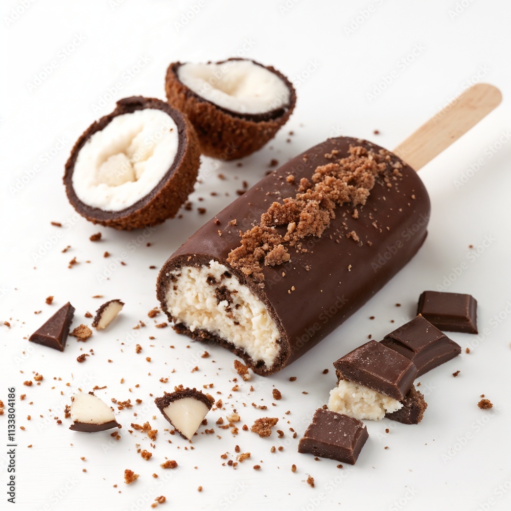 Chocolate coated ice cream bar with coconut filling and crumbs on white background Chocolate coated ice cream bar with coconut filling and crumbs on white background