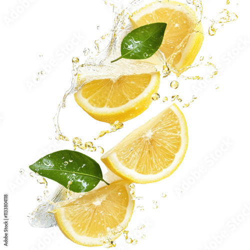 Yellow lemon slices falling with green leaves isolated on transparent background
