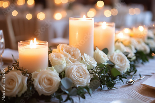 Elegant candle centerpieces with white roses create romantic atmosphere for wedding or event. soft glow of candles enhances beauty of floral arrangement