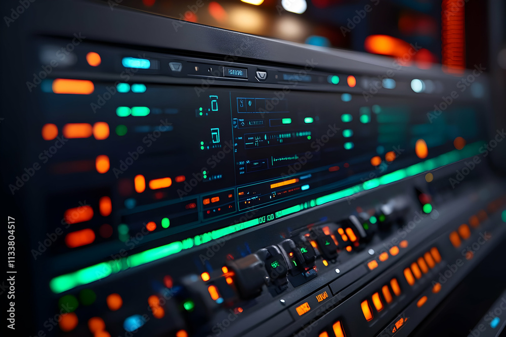 A close-up of a digital control panel with vibrant lights and buttons for technical operations. A close-up of a digital control panel with vibrant lights and buttons for technical operations.