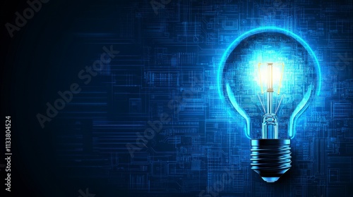 Modern vector design of a circle tech in light blue with a glowing lamp bulb, illustrating the concept of innovation and technology in a futuristic background.