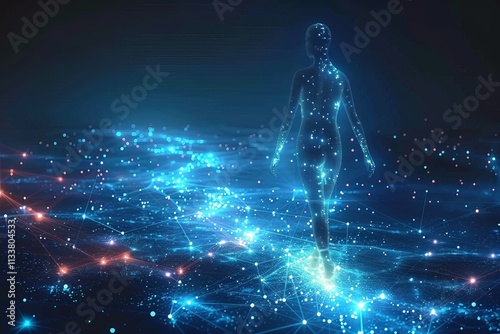 Woman walking wireframe on blue background