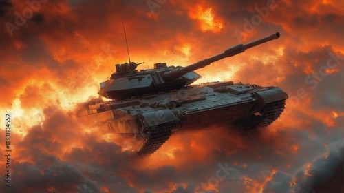 Tank in a Fiery Battlefield Under Dramatic Skies