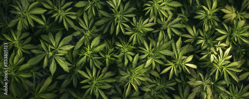 lush field of cannabis plants with vibrant green leaves, showcasing intricate details and textures of foliage. scene evokes sense of natural abundance and tranquility