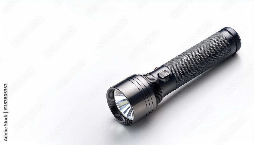 Modern handheld black flashlight isolated on a white background Modern handheld black flashlight isolated on a white background