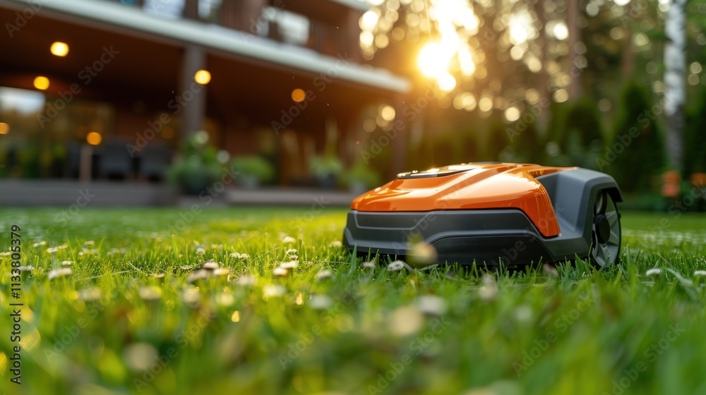 Robotic lawnmower cutting grass in backyard at sunset. Robotic lawnmower cutting grass in backyard at sunset.
