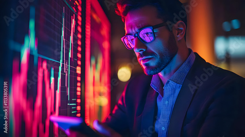 Businessman Analyzing Stock Market Trends on Smartphone with Colorful Digital Financial Graphs in Background at Night in Modern Office Environment
