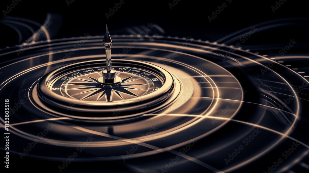Metallic compass needle pointing north with abstract swirling magnetic field lines, symbolizing direction, guidance, and scientific exploration in a dark minimalist setting. Metallic compass needle pointing north with abstract swirling magnetic field lines, symbolizing direction, guidance, and scientific exploration in a dark minimalist setting.