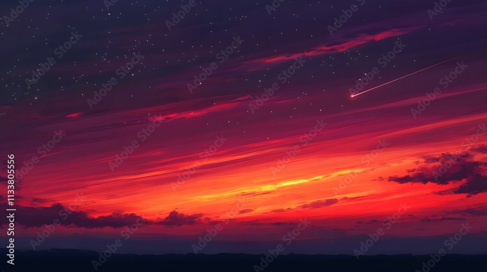 Fiery Sunset Sky With Shooting Star And Distant Hills Fiery Sunset Sky With Shooting Star And Distant Hills