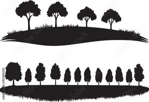 Silhouette of a tree grove next to farmland black and white