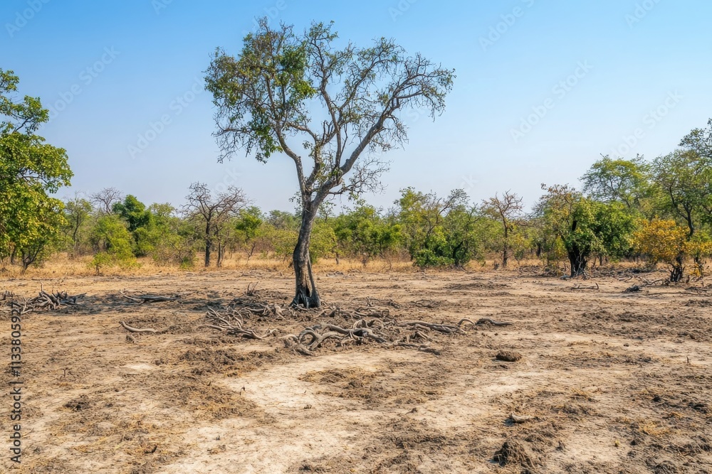 Fototapeta premium Lone Tree in Arid Landscape with Dry Soil and Sparse Vegetation Under Clear Sky, Illustrating The Effects of Drought or Environmental Change in Natural Habitat