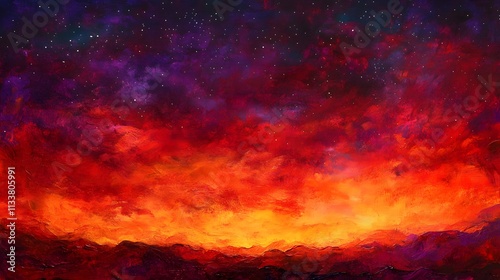 Fiery Sunset Landscape Under Starry Night Sky