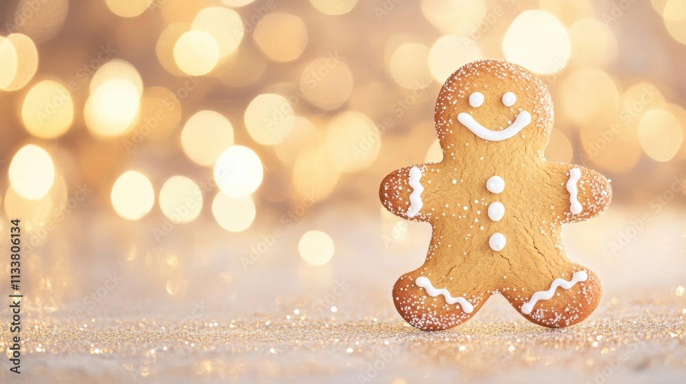 A cheerful gingerbread man stands proudly, surrounded by sparkling golden lights, creating a joyful holiday mood and inviting warmth