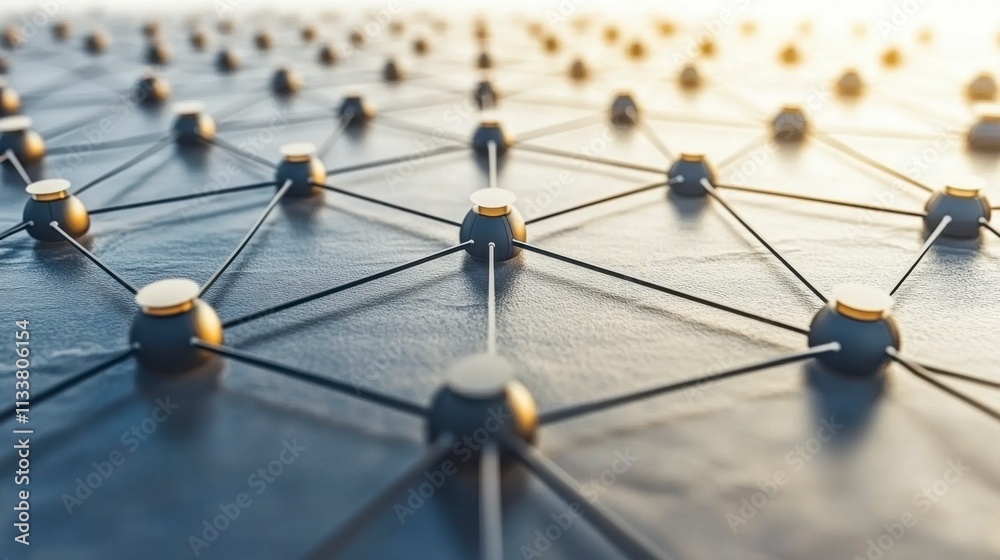 Digital network visualization with moving dots and lines representing the future of AI technology and communication systems rendered in a modern 3D style.