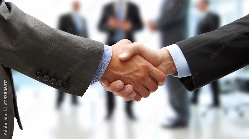 Close-up of two businessmen shaking hands in a modern office, symbolizing a successful merger deal, professional and clean atmosphere. Close-up of two businessmen shaking hands in a modern office, symbolizing a successful merger deal, professional and clean atmosphere.