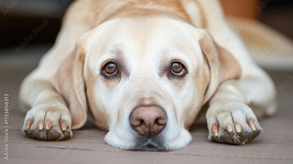 Dog lies on the floor, resting its head on its paws, looking longingly at the door, reflecting anticipation in a warm home environment Dog lies on the floor, resting its head on its paws, looking longingly at the door, reflecting anticipation in a warm home environment
