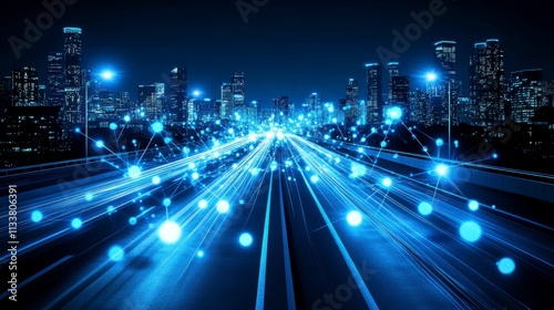 Conceptual design of connected dots and motion lines representing AI technology-driven communication networks glowing in a sleek and modern 3D rendering.