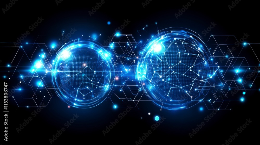 Fototapeta premium Innovative technology background featuring hexagonal grids interconnected with motion dots and lines representing digital data AI and big data concepts.