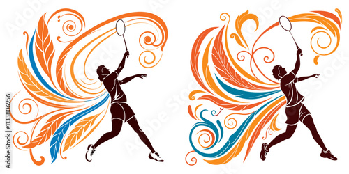 A vibrant badminton artwork showcasing a player in action with swirling abstract patterns of orange and blue emanating energy on a clean white canvas