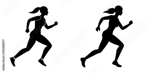 A woman running in silhouette  on white background