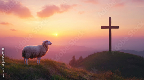 lone sheep stands on grassy hill at twilight, gazing at wooden cross against stunning sunset. serene landscape evokes sense of peace and reflection