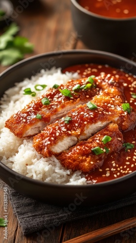 A bowl of crispy chicken over rice, topped with sauce and green onions.