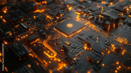 Futuristic AI chipset embedded on a glowing circuit board symbolizing artificial intelligence and advanced technology perfect for web banners and digital backgrounds.