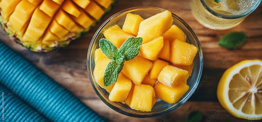 Fresh diced mango in glass bowl with mint leaves. Fresh diced mango in glass bowl with mint leaves.