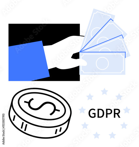 Hand holding cash, dollar coin, and GDPR text with stars. Ideal for finance, privacy, data protection, regulations, compliance legal issues risk management. Line metaphor