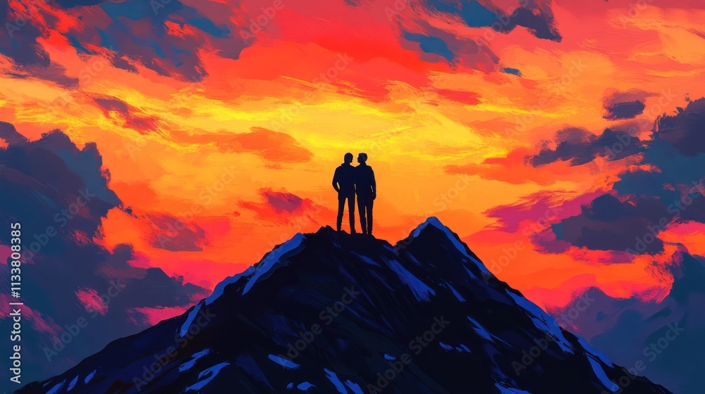 Fototapeta premium A silhouette of two figures standing on a mountain peak against a vibrant sunset backdrop.