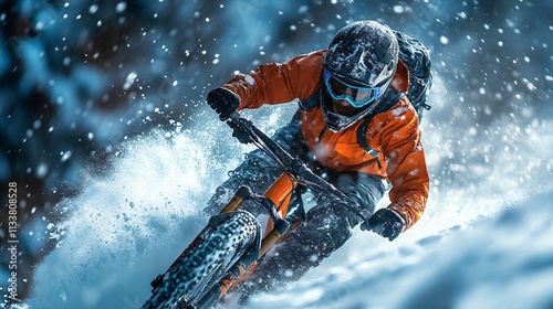 Dynamic winter scene of a mountain biker navigating through deep snow, showcasing excitement for winter sports, perfect for promotions of skiing events or adventure gear. photo