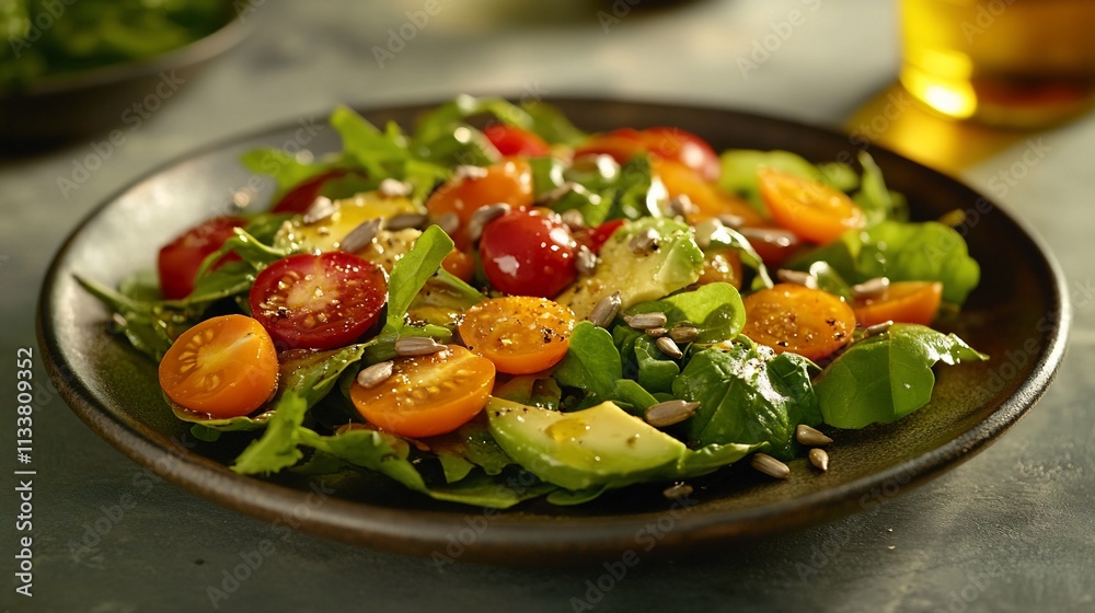 Fresh salad with avocado, cherry tomatoes, and sunflower seeds on a plate. Fresh salad with avocado, cherry tomatoes, and sunflower seeds on a plate.