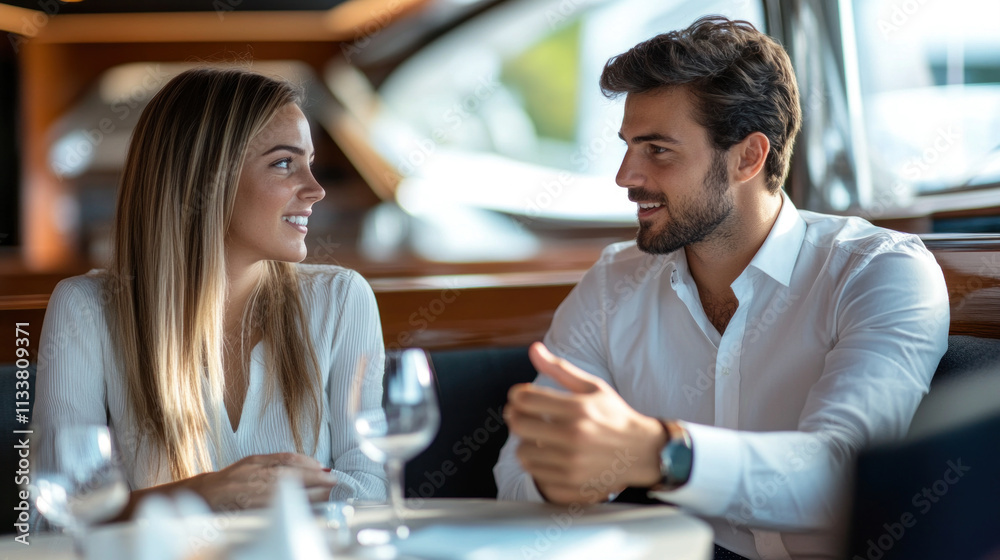 Happy young couple discussing their goal in a luxury yacht Happy young couple discussing their goal in a luxury yacht