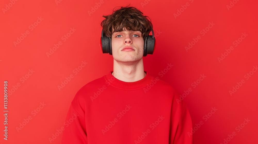 Fashionable young men wearing oversized headphones, with thoughtful expressions, wearing fashionable clothing with a strong cinematic feel, showcasing happiness and aesthetic atmosphere