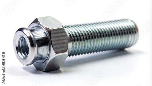 Close-up shot of a shiny bolt and nut on a white background, hardware, construction, tools, DIY, metal