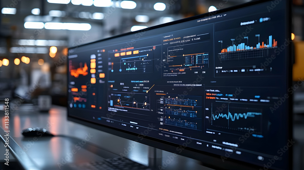 A modern monitor displaying data analytics and visualizations in an industrial setting. A modern monitor displaying data analytics and visualizations in an industrial setting.