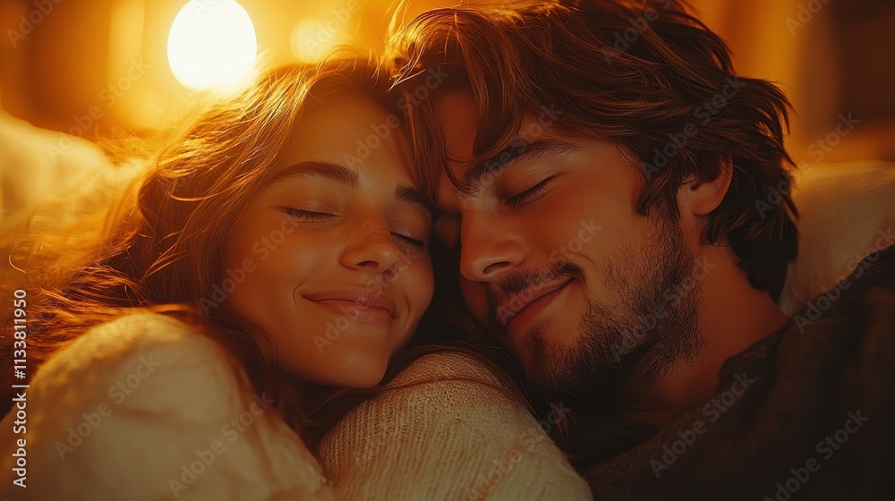 A couple cuddles closely, sharing a warm and intimate moment in a cozy setting.