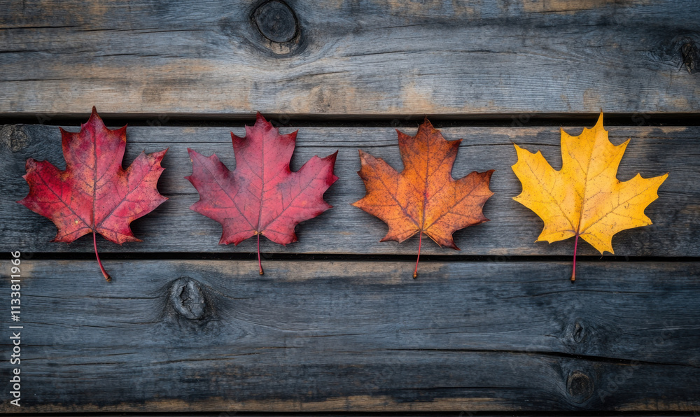 Autumn maple leaves in vibrant colors on rustic wooden background evoke warm, seasonal feeling. Perfect for nature lovers and fall enthusiasts